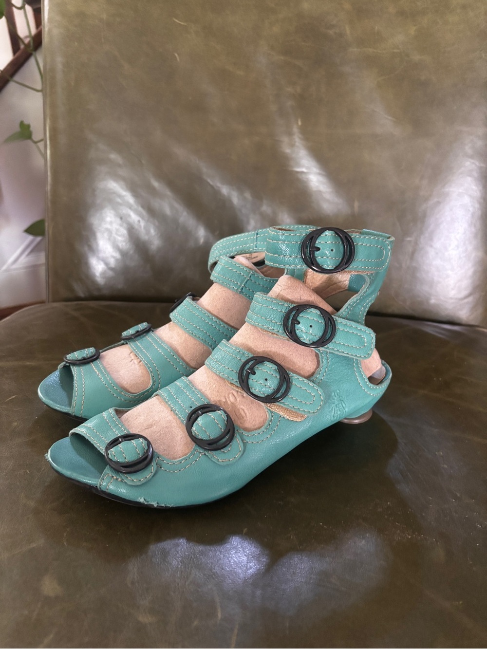 Fly London Teal Leather Open-Toe Buckle Sandals